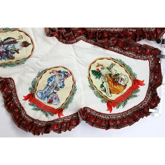 VTG 1980s Handmade Tree Skirt Cheryl Johnson Print Santa Sleigh Reindeer Trim - Picture 3 of 8